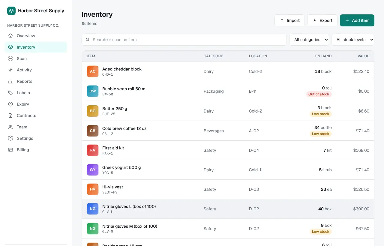 The Inventory page listing items with category, location, on-hand quantity, stock status badges and value