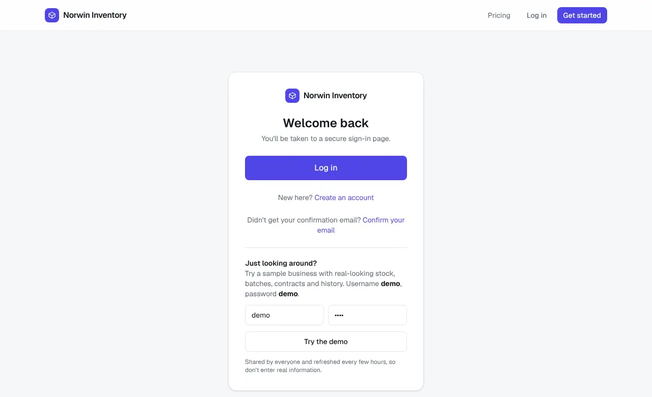 The Norwin Inventory login page with a Try the demo option